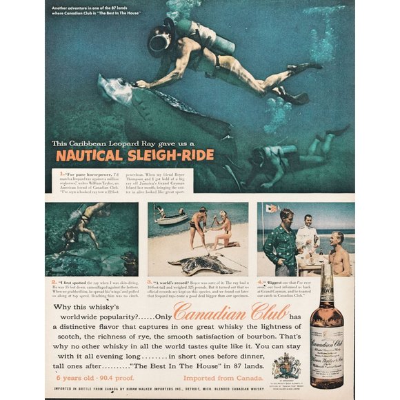 1956 Canadian Club Whisky Vintage Print Ad Scuba Diving Sting Ray Caribbean Art - Picture 1 of 1